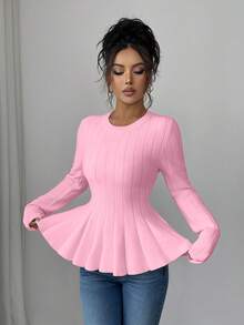 Elenzga Damen eleganter taillierter A-Linien Pullover mit rundem Ausschnitt und Langarm in Unifarbe, Herbst - Pink - Übersicht 5