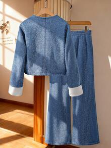 GlowEve 女士纯色简约长袖外套牛仔裤套装，休闲日常穿着 - 藍色 - 查看 2