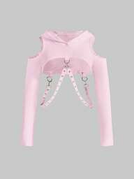 Grunge Punk Women's Cropped Hoodie With Eyelet Chain Patchwork