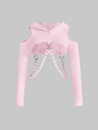 Grunge Punk Women's Cropped Hoodie With Eyelet Chain Patchwork