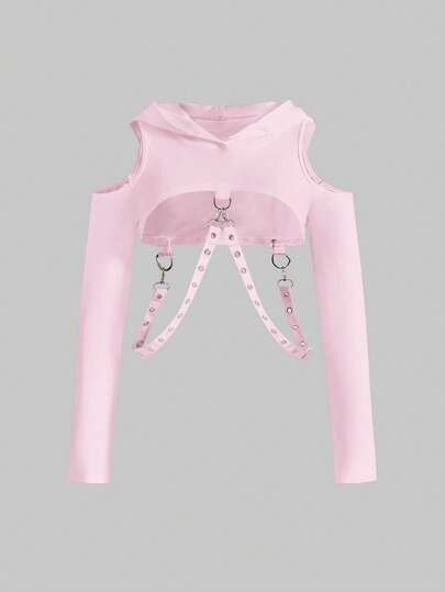 Grunge Punk Women's Cropped Hoodie With Eyelet Chain Patchwork