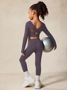 女童运动套装，高弹长袖，交叉镂空露背设计，返校休闲装