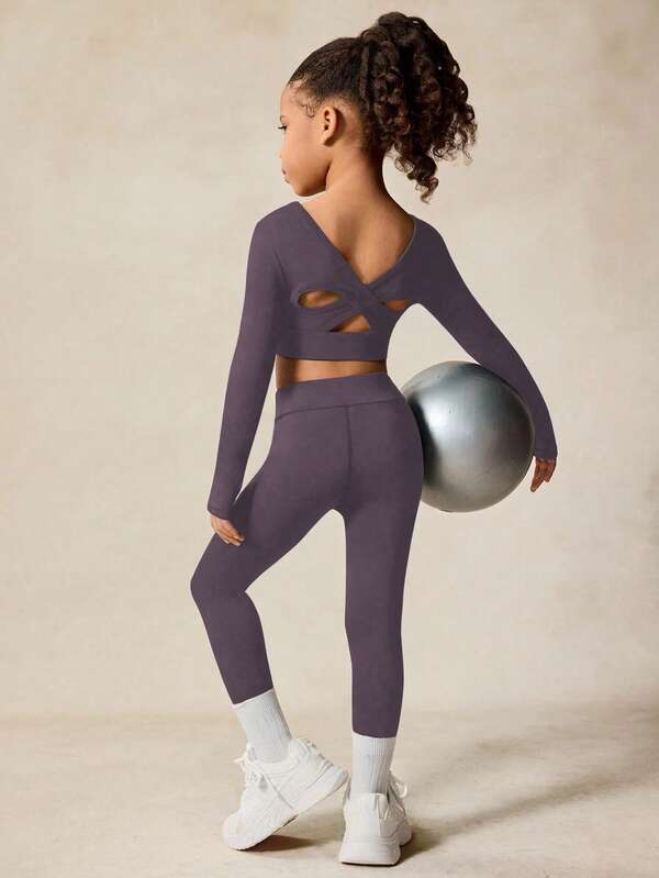 Young Girls Activewear Set, High Stretch Long Sleeve, Criss-Cross Hollow Back Design Sportswear, Back To School Casual Outfit