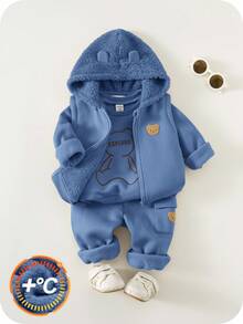 SHEIN 3件套婴儿男女童秋冬可爱卡其色针织连帽外套、背心、卡通熊图案卫衣、运动裤，男女通用婴儿服装，婴儿冬季保暖套装 - 霧霾藍 - 查看 2