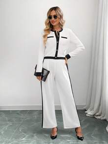 EMERY ROSE Women's Autumn Contrast Color Long Sleeve Single-Breasted Top And Pants Casual 2 Pieces Set Setup Autumn Winter Women  Elegant Dresses For Party - White - View 6