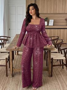 SHEIN LUNE 2pcs Set Square Neck Ruffle Hem Faux Foil Print Outfit - Burgundy - View 3