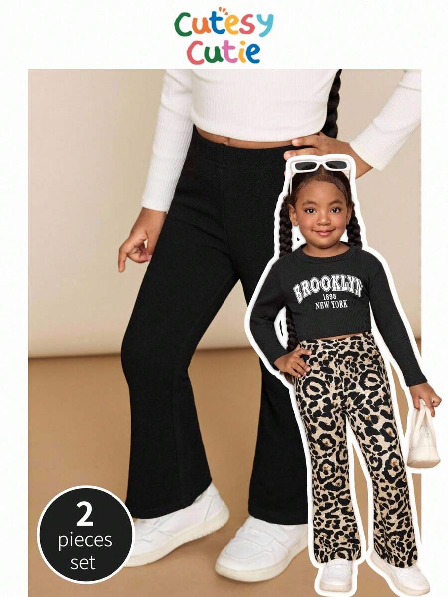 2pcs/Set Young Girl Solid Color Fitted Flare Casual Sweatpants