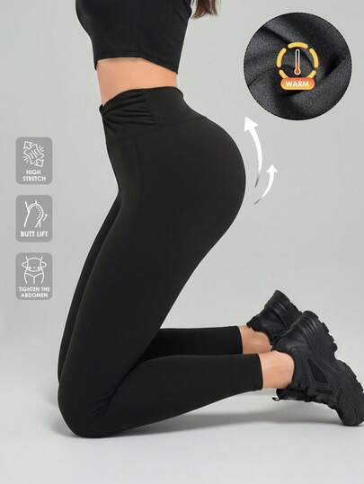 Menodora SHEIN Sport Women's High Waist Butt-Lift Leggings, Tummy Control, Ultra Stretch Fabric, Shaping Fit, Comfortable Athletic Pants,Fleece Keeps You Warm,Suitable For Autumn/Winter