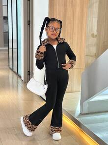 SHEIN SLAYR Tween Girl Tween Girl Solid Color Knit Cardigan Fitted Top & Flare Pants Set - Multicolor - View 5