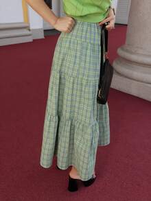 Gretanique Women's Summer  Green Casual Plaid Midi Layered Skirt - Green - View 4