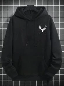 Sudadera con capucha para hombre, abrigo holgado y versátil con estampado de alce, ideal para vacaciones y viajes. - Negro - Ver 4