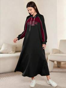 Modelyn 字母图案印花时尚连帽条纹插肩长袖女式超长连衣裙，春秋季 - 彩色 - 查看 4