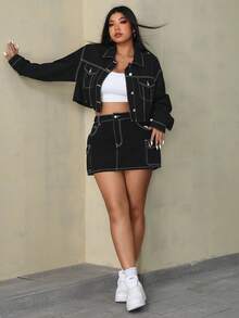 SHEIN ICON Plus Size Women's Spring Autumn Drop Shoulder Loose Casual Denim Jacket - Black - View 2