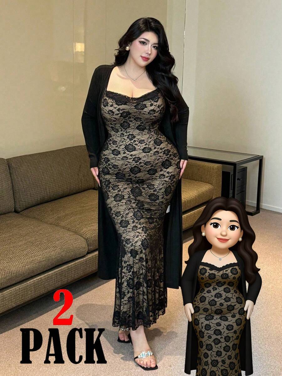 Flirla Plus Size Lace Slip Dress & Ribbed Knit Cardigan 2 Pieces Set Modest - Multicolor - View 1