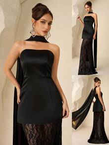 Coutiva Women's Elegant Strapless Black Satin Formal Evening Gown,Heavily Embellished Contrast Lace & Ribbon Design Long Dinner Dress Bridesmaid Dress - Black - View 6