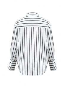 INAWLY Women's Striped Drop Shoulder Long Sleeve Single-Breasted Casual Pocket Shirt - Black and White - View 2