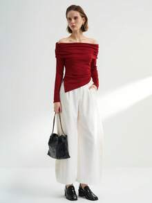 INAWLY Women's Solid Color Minimalist Off-Shoulder Top, Everyday Wear - Red - View 3