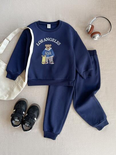 PrepCrw 男童复古小熊印花长袖卫衣/运动裤套装，学院风