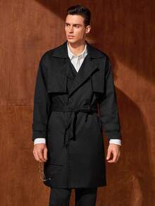 Officeau 春秋新款宽松中长款男士双排扣风衣，时尚防风外套，绅士优雅潮流街头风外套，复古富贵春夏款 - 卡其色 - 查看 6