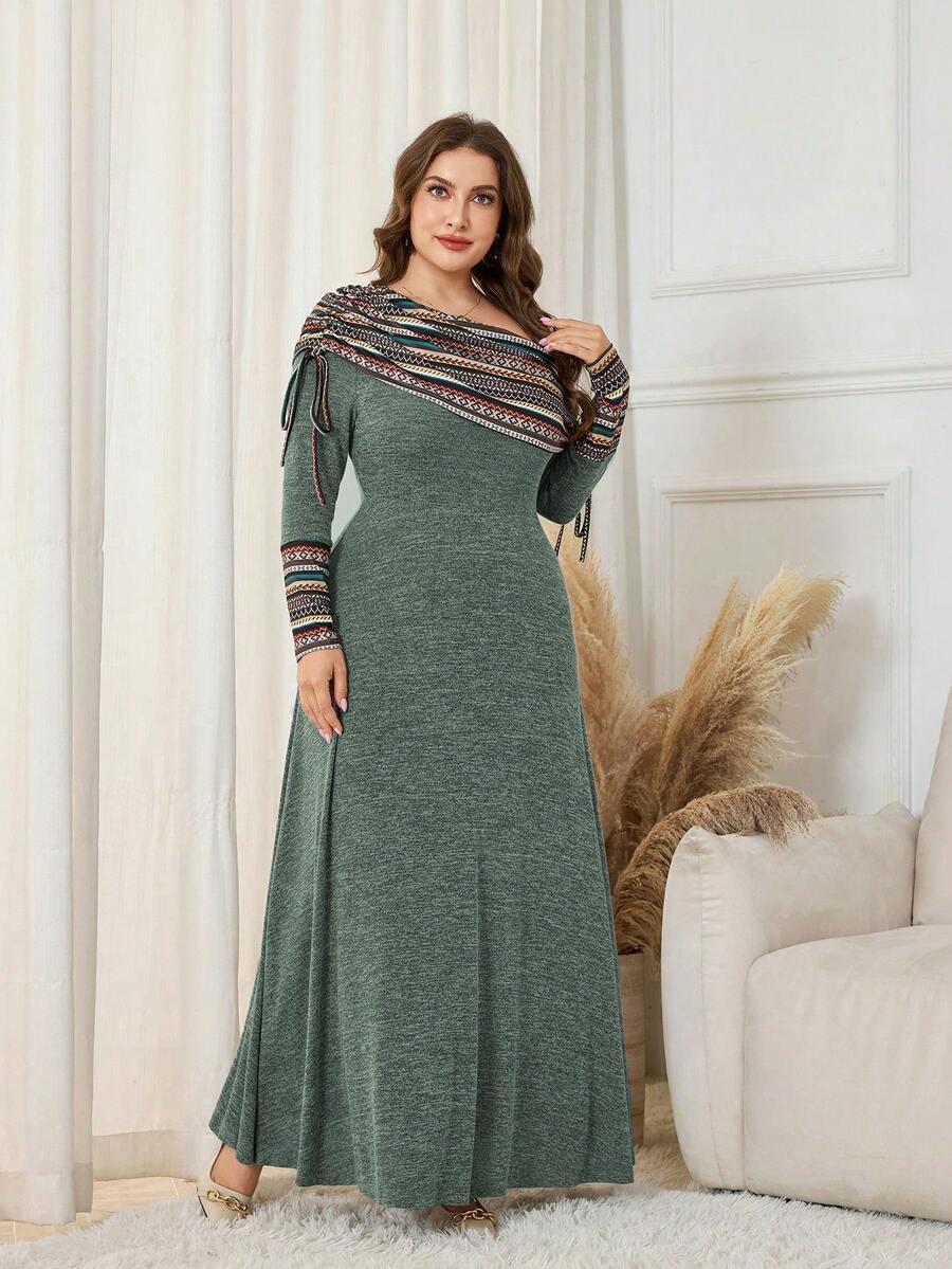 Lacomfia Plus Size Women Oblique Shoulder Long Sleeve Colorful Striped Patchwork Ruched Waist A-Line Dress