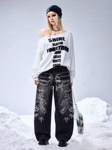 ROMWE Grunge Punk Y2K Subculture Chinese Tiger Rhinestone Embellished Loose Fit Women Jeans - Navy Blue - View 7