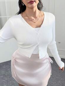 CovetEZ Plusstorlek lättstickad kofta med luftkonditionering för höst/vinter - Vitt - Visa 3