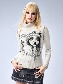 ROMWE Y3K Subculture Retro Cyber Punk Graphic Print Turtleneck Sweater For Women - Beige - View 5