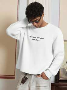 SWAVVY 男士休闲标语刺绣毛衣，秋冬款 - 白色 - 查看 3