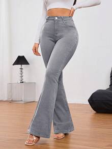 SHEIN Tall Quần jeans ống loe cạp cao, dáng thường ngày, đa năng dành cho nữ - Xám - Xem 6