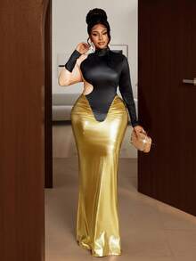 Maweii 秋冬印花修身褶裥鱼尾亮面面料金色显瘦设计高端派对连衣裙，百搭叠穿单品，适合大码女性 - 彩色 - 查看 3