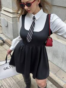 SHEIN EZwear Plus Size Women's Casual Long Sleeve 2 In 1 Dress, College Style,Fall /Autumn/Winter,Christmas,New Year,Thanksgiving,Party,Wedding,Beach,Graduati,Chic,Elegant,Casual,Going Out,Date,Appointment,Commute,Back-To-School,Graduation,Formal - Black and White - View 8