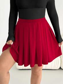 Shapeblank Váy midi xếp ly màu đỏ thời trang thu đông cỡ lớn cho nữ, dáng rộng thoải mái, dễ mặc hàng ngày, cơ bản, đa năng, ôm dáng, mùa thu, quần nữ, giáng sinh, năm mới - màu đen - Xem 6