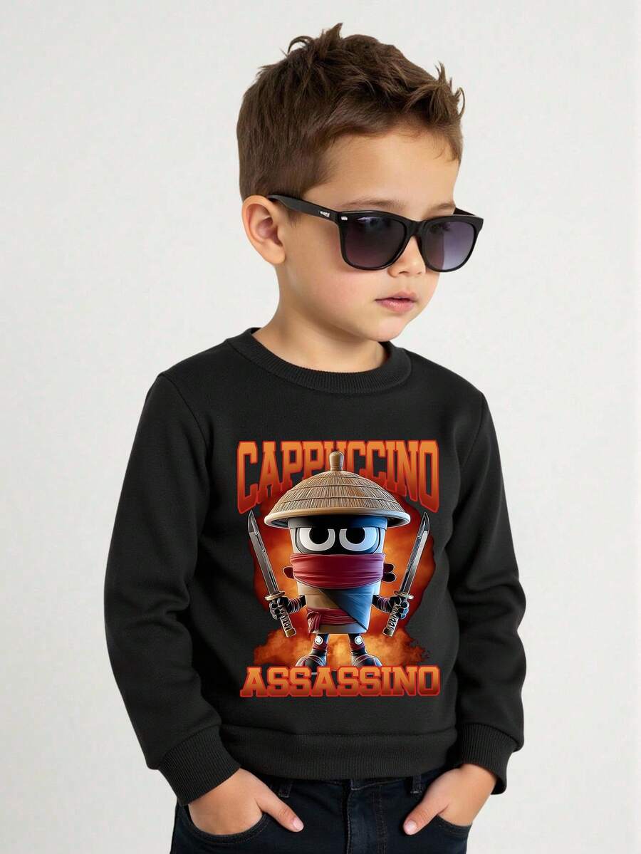 Sudadera básica de cuello redondo de felpa para niño pequeño - Blanco - Negro - View 1
