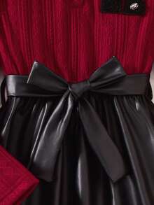 Sparklyn Áo lót cổ tròn họa tiết màu mơ cho bé gái kết hợp với váy chắp vá màu nâu cổ điển, thích hợp mặc đi học, mặc hàng ngày, tụ tập, tiệc tùng, phong cách nhẹ nhàng & thanh lịch, mùa thu/đông - Nhiều màu - Xem 4