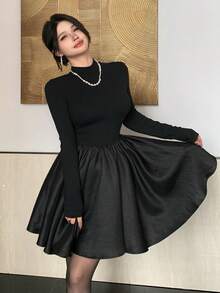 DAZY Robe mini élégante plissée à col montant et manches longues, couleur unie pour femmes - Noir - Voir 2