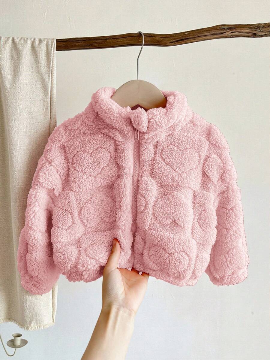 SHEIN LMoss Kids LMoss Baby Girl Cute And Casual Furry Stand Collar Jacket With Heart Pattern, Perfect For Autumn And Winter - Pink - View 1