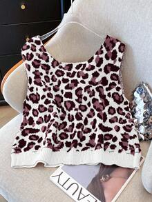 Franclia Áo len cardigan dệt kim không tay họa tiết da báo kiểu Pháp cỡ lớn cho nữ, thời trang, thường ngày, đa năng, nhiều lớp - Nhiều màu - Xem 2