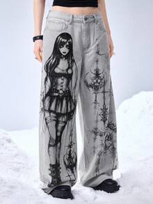ROMWE EDITION Cyber Symbol & Cartoon Portrait Graphic Print Loose Wide-Leg Jeans - Blue - View 4