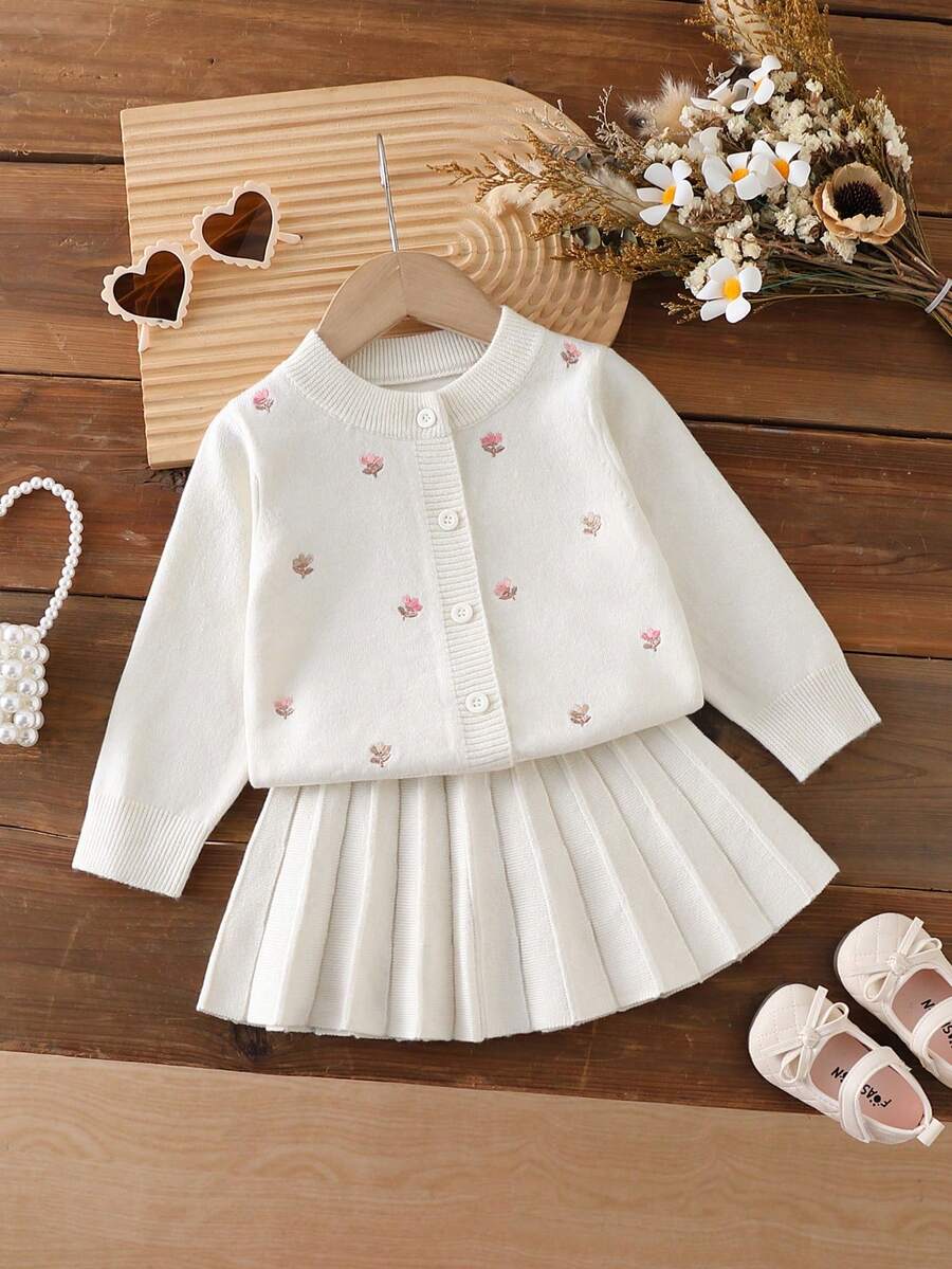 SHEIN Bộ áo khoác cardigan thêu hoa và chân váy len xếp ly cho bé gái, bộ áo len thu đông cho bé gái, bộ chân váy cho bé gái, quần áo mùa xuân thu hai mảnh cho bé gái, trang phục mùa đông cho bé gái, váy mùa đông, váy dài tay cho bé gái, váy trắng dài tay cho bé gái, quần áo mùa xuân thu cho bé gái, bộ đồ thêu ngọt ngào cho bé gái, váy mùa thu cho bé gái. - Màu tím - Xem 1