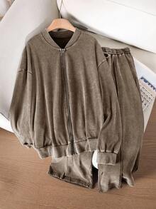 CosyJoli Plus Size Casual Washed Snow Flake Zip-Up Jacket And Relaxed Fit Pants Set, Winter Clothes For Women - Khaki - View 1