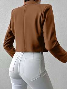 SHEIN Cottnline Women's Solid Color Long Sleeve Two-Button Short Casual Blazer - Camel - View 2