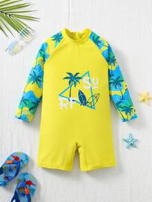 SHEIN Kids Boys Plant Print Long Sleeve Romper Swimsuit, Casual Vacation - Yellow - View 4