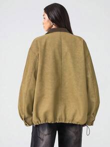 LYSMO Áo khoác cổ màu tương phản thời trang thu đông dành cho nữ - Màu Khaki - Xem 2