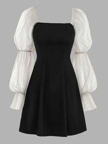 Girlism Váy chữ A cổ lá sen màu tương phản cho bé gái tuổi teen - Nhiều màu - Xem 2