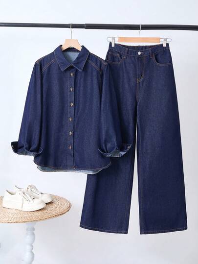两件套少女时尚休闲 Y2K 复古酷炫街头返校大学两件套，包括一件深蓝色牛仔翻领长袖衬衫和一条舒适宽松阔腿牛仔裤，适合青少年女孩日常穿着，柔软舒适，也适合儿童秋冬季参加锐舞派对、节日活动以及街头服饰和校园服装。