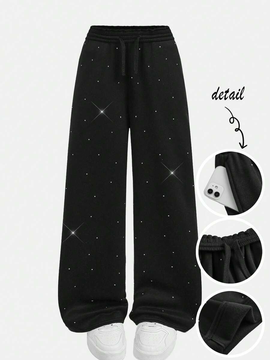 SHEIN Girlism 少女黑色纯色时尚水钻装饰高腰抽绳宽松直筒运动裤秋季女童装 - 黑色 - 查看 1