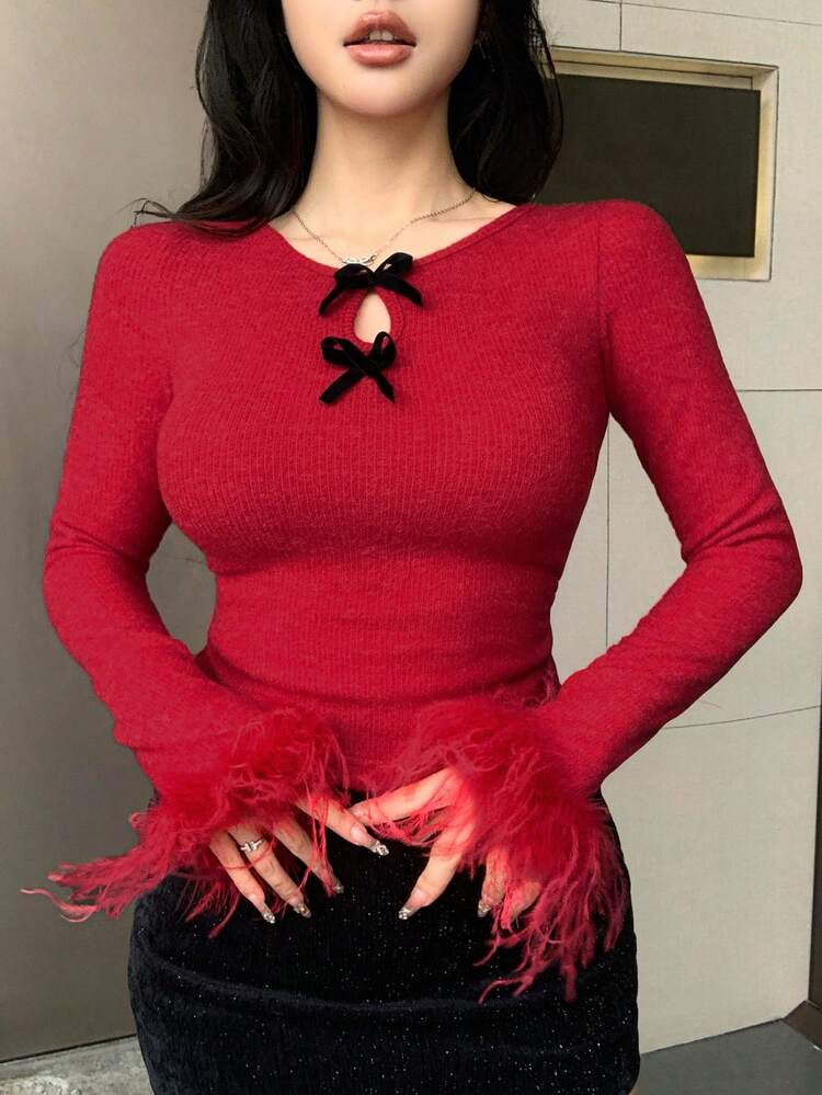 Autumn/Winter Fuzzy Collar Patchwork Red Christmas New Year Valentine's Day Wedding Party Formal Dress Elegant Flare Sleeve Hollow Butterfly Decor Contrast Color Block Long Sleeve Women T-Shirt