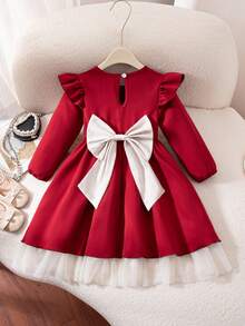 Glamorique Kids 1pc Girls Autumn New Round Neck Flutter Sleeve Ruffle Hem Long Sleeve Red Solid Color Fabric Spliced Apricot Waist Apricot Bow Splice Back Water Drop Big Bow Decor Party Birthday Christmas Valentine Princess Dress