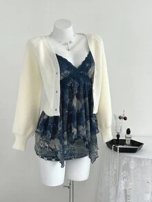 SHEIN PETITE Navy Blue Spaghetti Strap Vintage Paisley Sequin Asymmetric Hem Women Tank Top