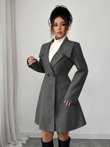SHEIN PETITE Áo khoác len dài tay ôm sát, cổ bẻ, dáng xòe, thời trang thu/đông cho nữ - Màu xám đen - Xem 4